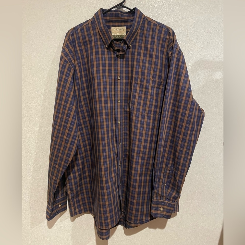 Cabela's Blue and Brown Plaid Button Down Shirt Outfitters Series 2XL Tall